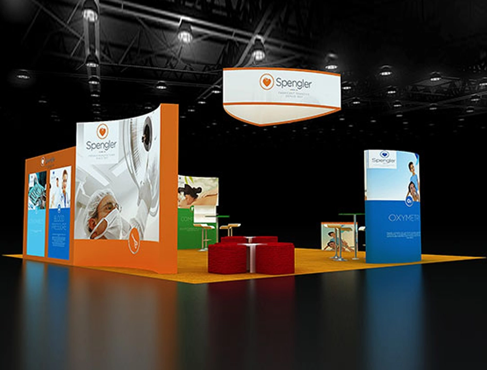 Trade show 30x30 booth with central demo station